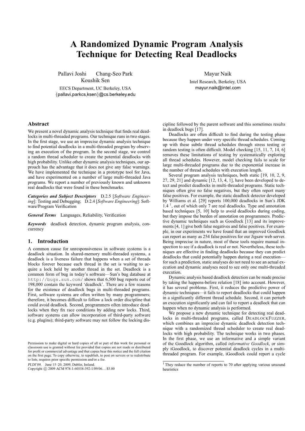 A Randomized Dynamic Program Analysis Technique for Detecting Real Deadlocks