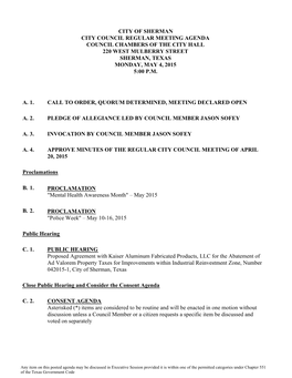 City of Sherman City Council Regular Meeting Agenda Council Chambers of the City Hall 220 West Mulberry Street Sherman, Texas Monday, May 4, 2015 5:00 P.M