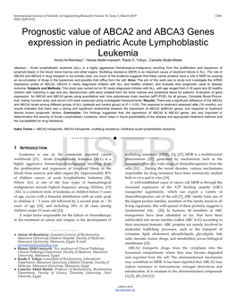 Prognostic Value of ABCA2 and ABCA3 Genes Expression in Pediatric Acute Lymphoblastic Leukemia Amira Al-Ramlawy*, Hanaa Abdel-Masseih, Raida S