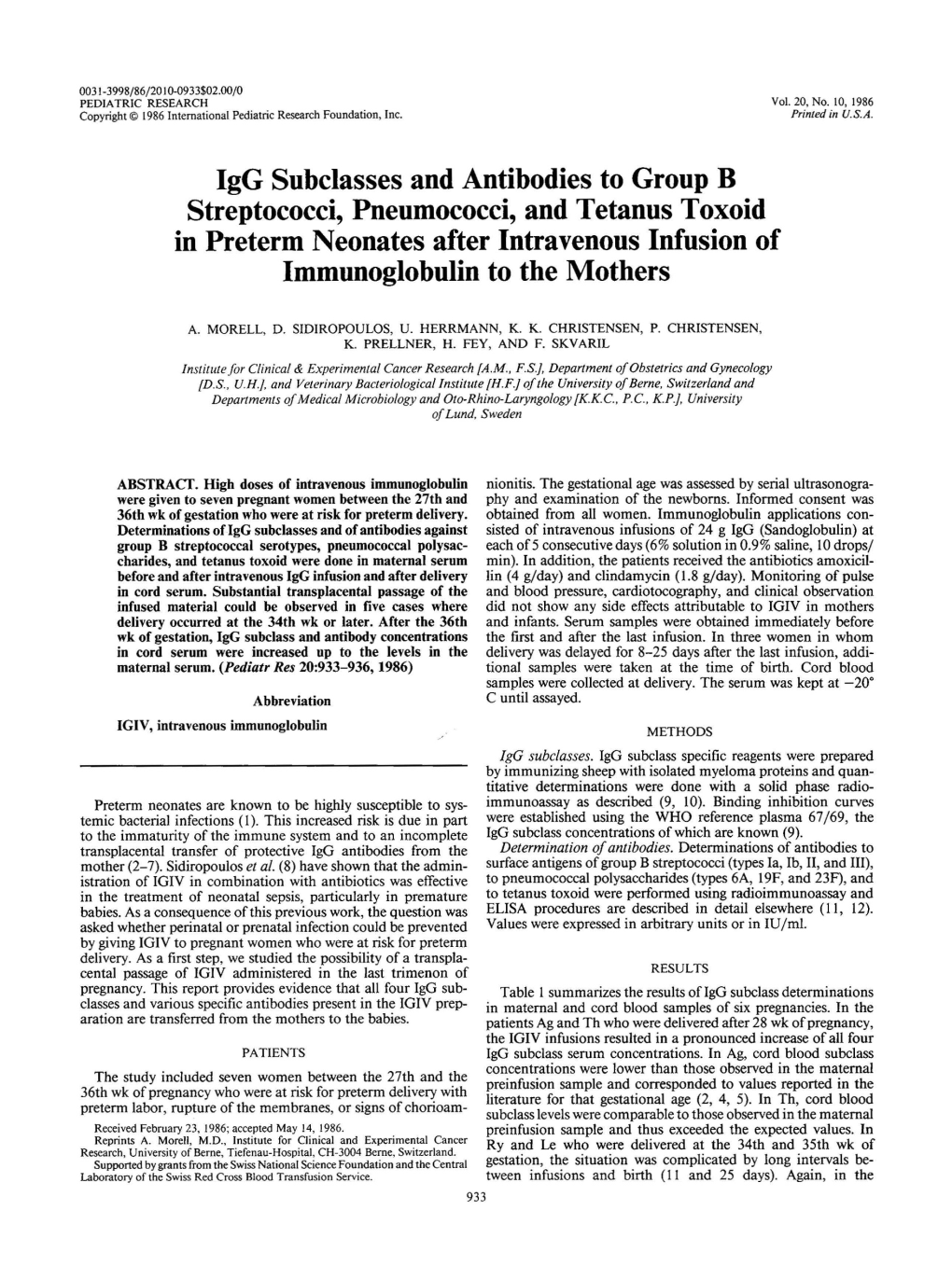 Igg Subclasses and Antibodies to Group B Streptococci, Pneumococci, and Tetanus Toxoid in Preterm Neonates After Intravenous Infusion of Immunoglobulin to the Mothers