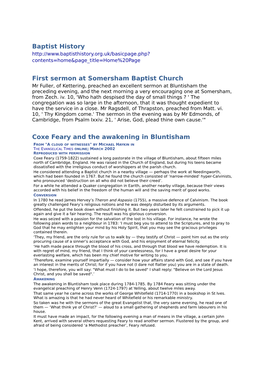Baptist History First Sermon at Somersham Baptist Church Coxe