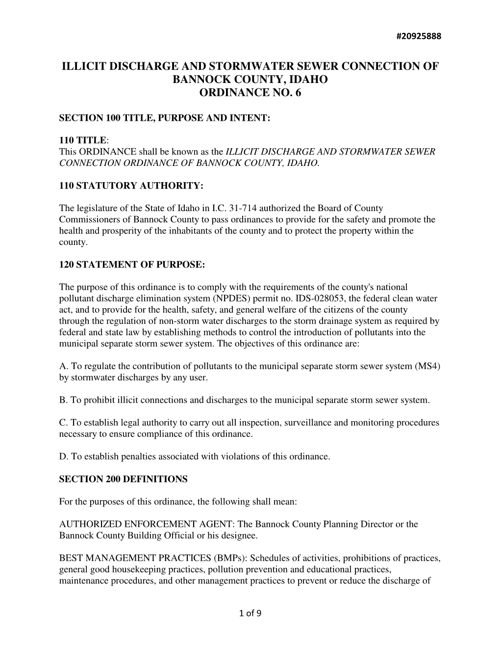 Illicit Discharge and Stormwater Sewer Connection of Bannock County, Idaho Ordinance No