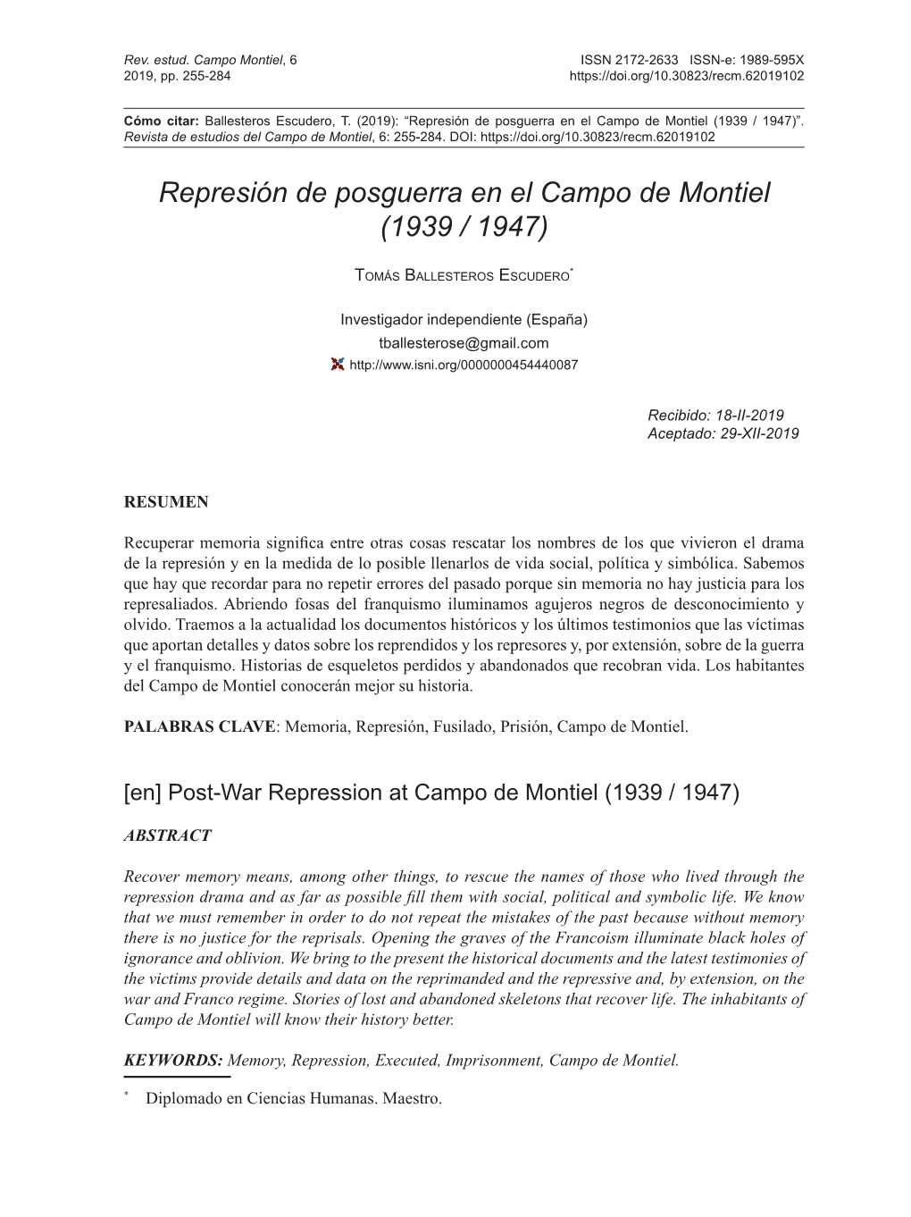 Represión De Posguerra En El Campo De Montiel (1939 / 1947)”