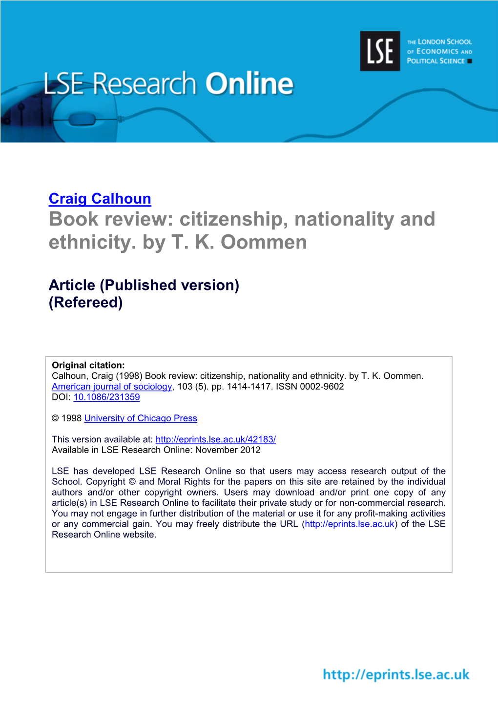 Book Review: Citizenship, Nationality and Ethnicity. by T. K. Oommen