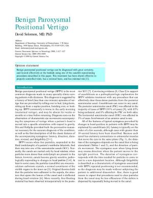 Benign Paroxysmal Positional Vertigo David Solomon, MD, Phd