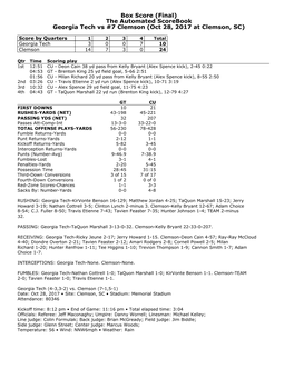 Box Score (Final) the Automated Scorebook Georgia Tech Vs #7 Clemson (Oct 28, 2017 at Clemson, SC)