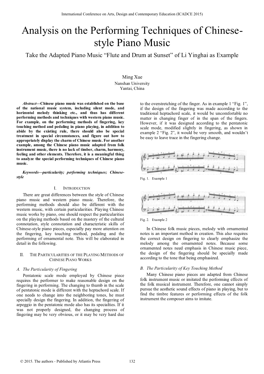 Analysis on the Performing Techniques of Chinese- Style Piano Music Take the Adapted Piano Music “Flute and Drum at Sunset” of Li Yinghai As Example