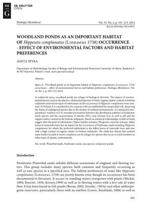 WOODLAND PONDS AS an IMPORTANT HABITAT of Hippeutis Complanatus (Linnaeus 1758) OCCURRENCE - EFFECT of ENVIRONMENTAL FACTORS and HABITAT PREFERENCES