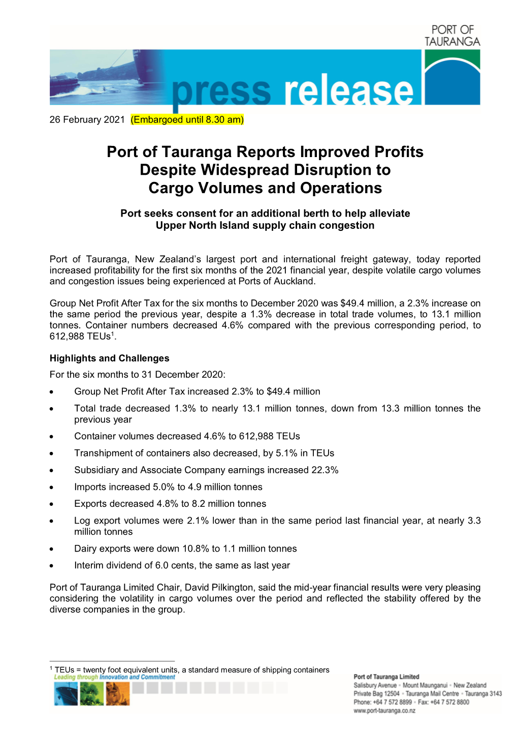 Port of Tauranga Reports Improved Profits Despite Widespread Disruption to Cargo Volumes and Operations