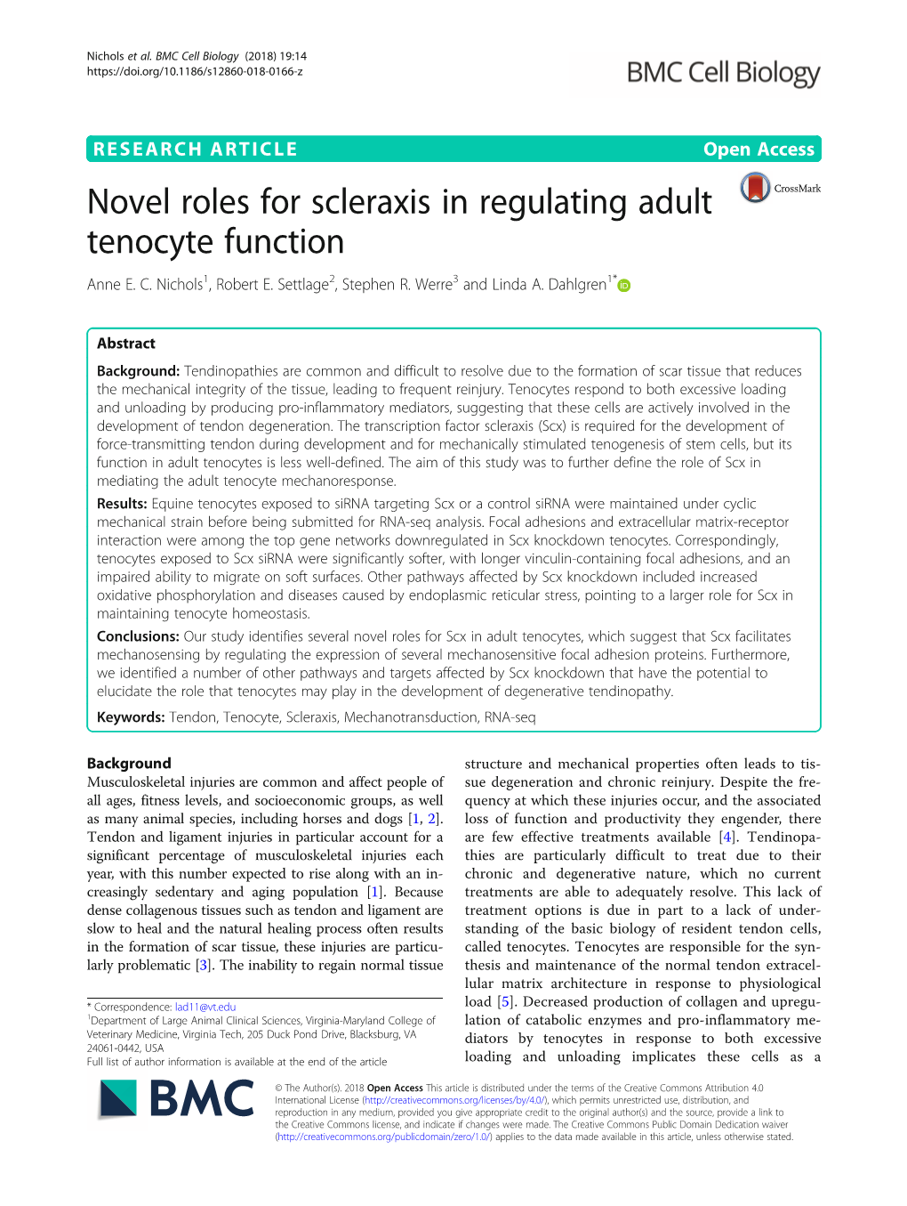 Novel Roles for Scleraxis in Regulating Adult Tenocyte Function Anne E