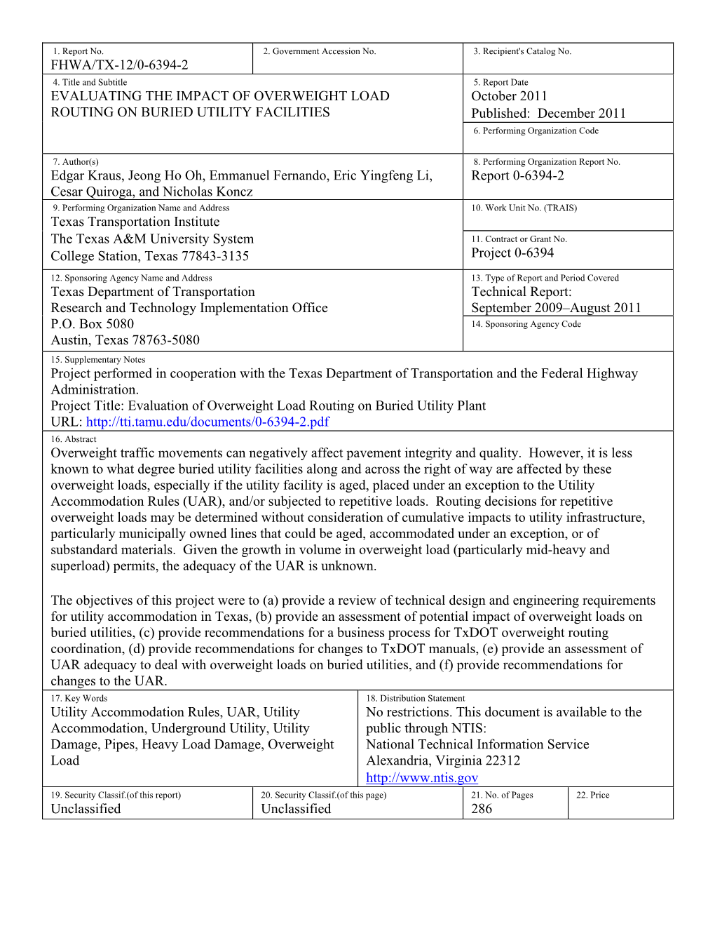 EVALUATING the IMPACT of OVERWEIGHT LOAD ROUTING on BURIED UTILITY FACILITIES By