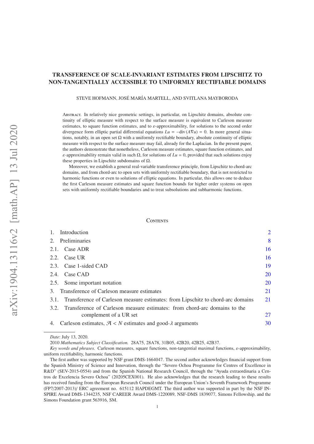 Arxiv:1904.13116V2 [Math.AP] 13 Jul 2020 Iosfudto Rn 696 SM