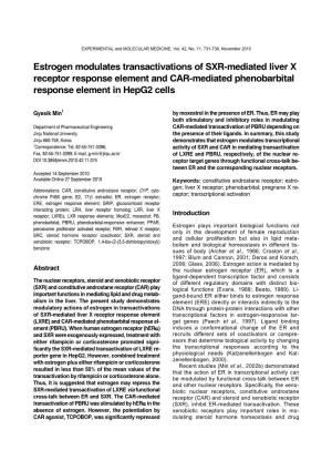 Estrogen Modulates Transactivations of SXR-Mediated Liver X Receptor Response Element and CAR-Mediated Phenobarbital Response Element in Hepg2 Cells