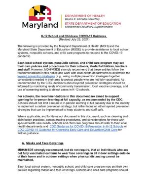 K-12 School and Childcare COVID-19 Guidance (Revised July 23, 2021)