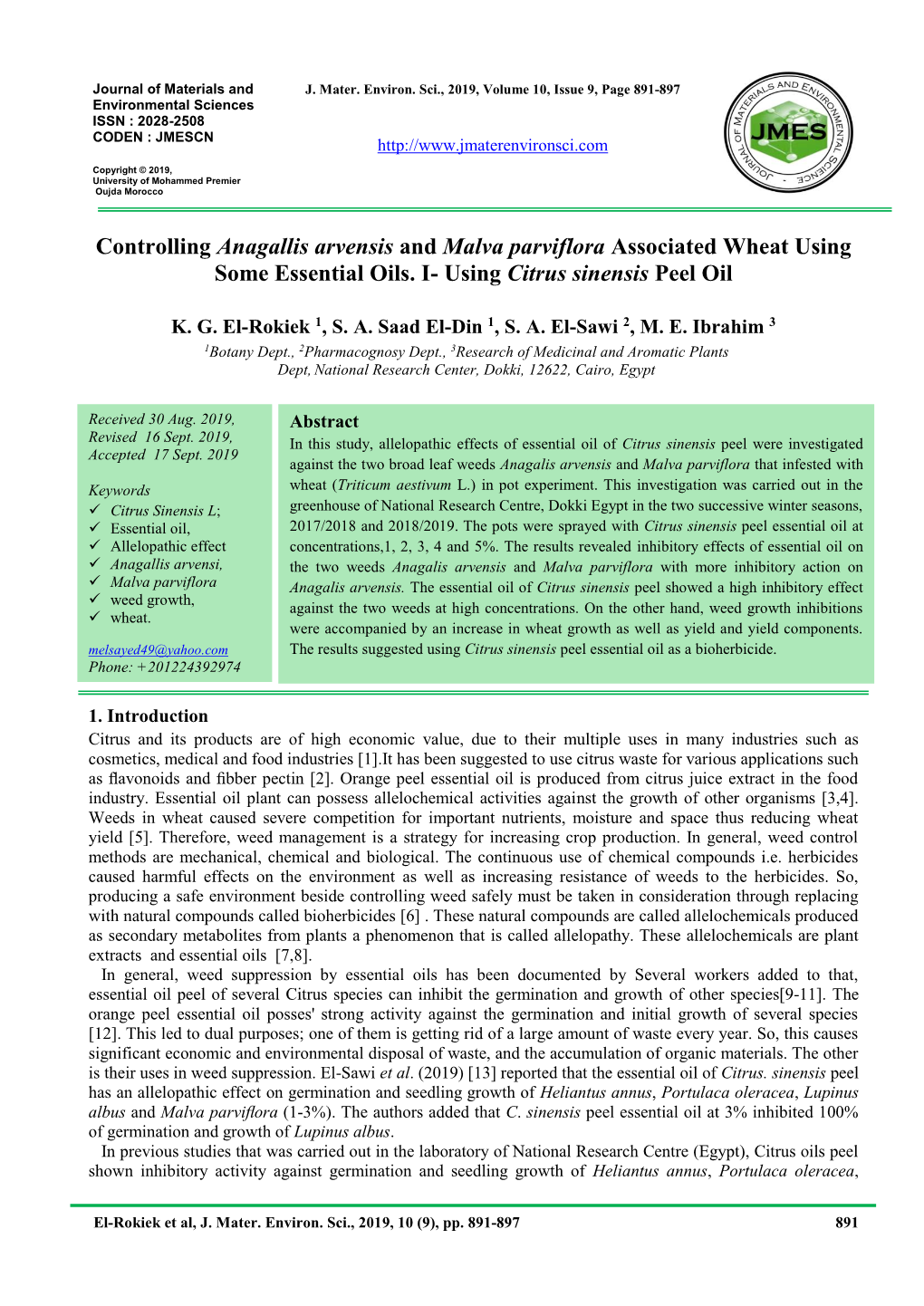 Controlling Anagallis Arvensis and Malva Parviflora Associated Wheat Using Some Essential Oils