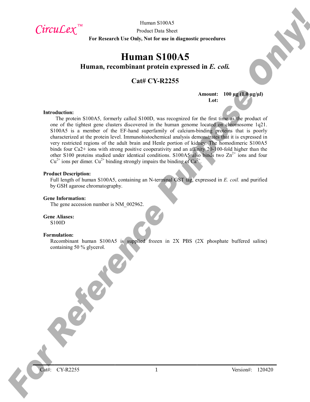 Human S100A5 Circulex Product Data Sheet for Research Use Only, Not for Use in Diagnostic Procedures