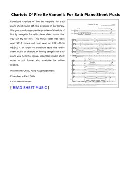 Chariots of Fire by Vangelis for Satb Piano Sheet Music