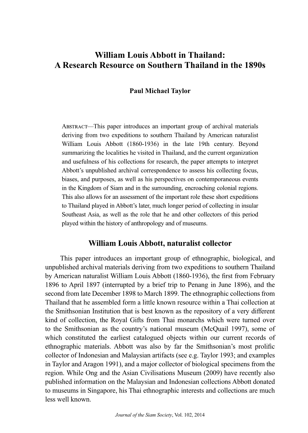 William Louis Abbott in Thailand: a Research Resource on Southern Thailand in the 1890S