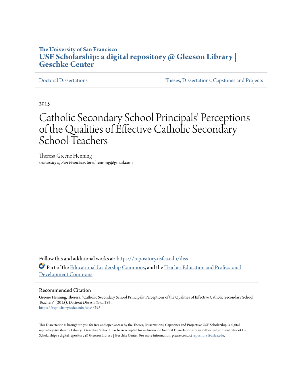 Catholic Secondary School Principals' Perceptions of The