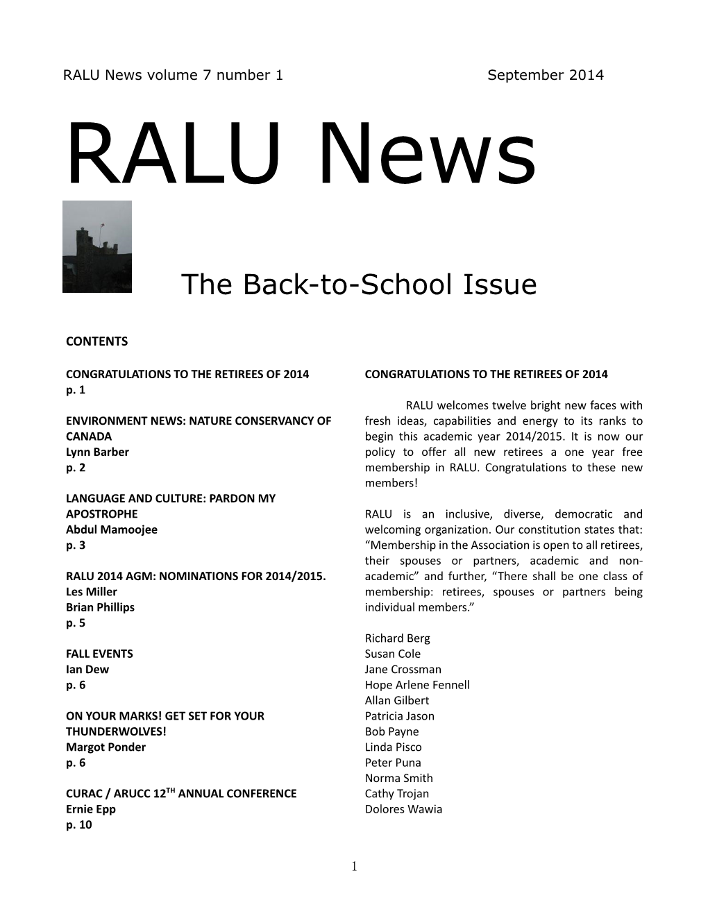 RALU News Volume 7 Number 1 September 2014