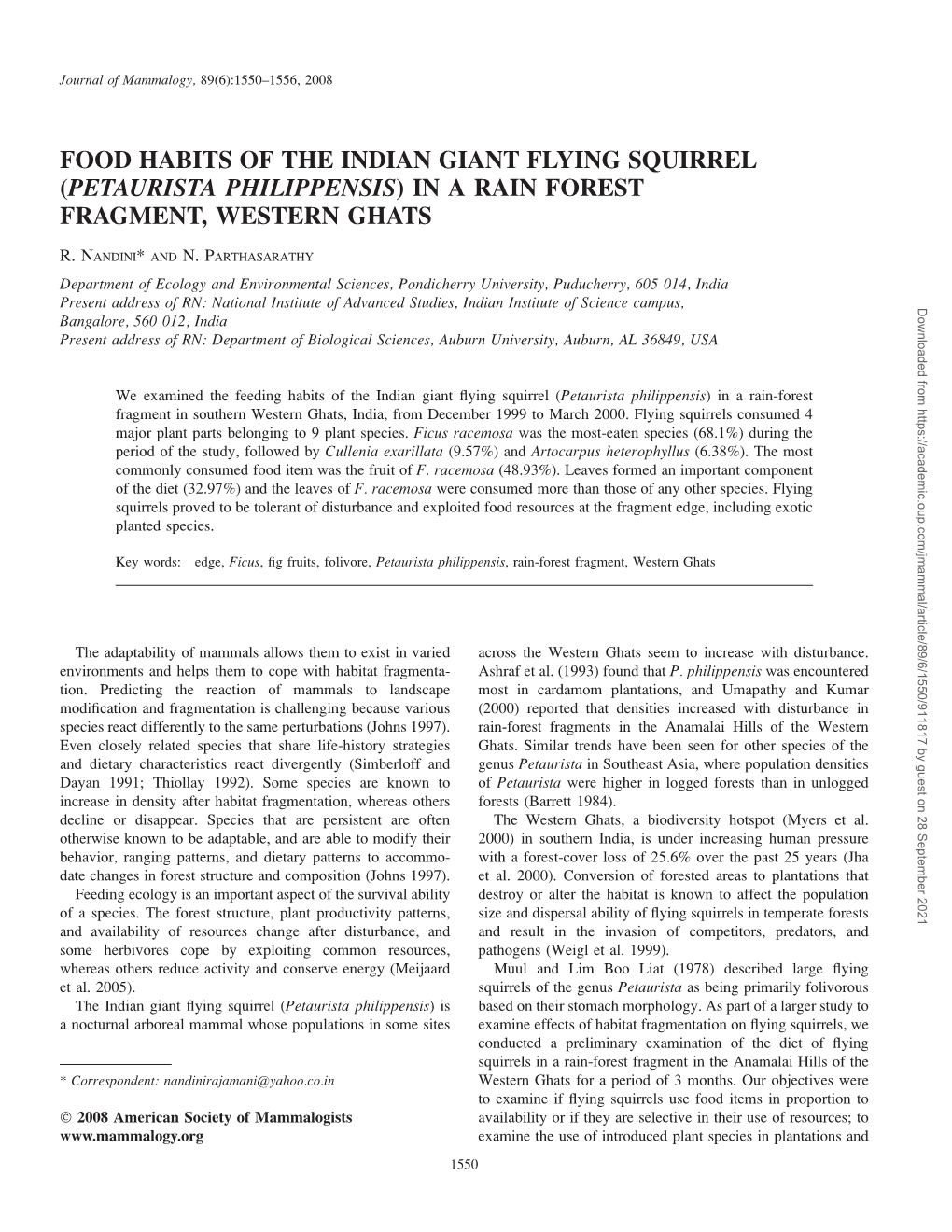 Food Habits of the Indian Giant Flying Squirrel (Petaurista Philippensis) in a Rain Forest Fragment, Western Ghats