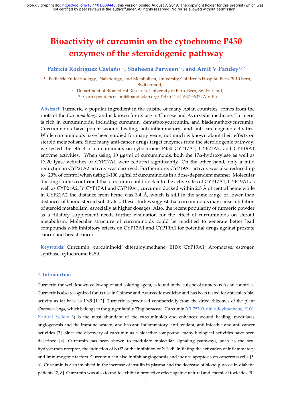 Bioactivity of Curcumin on the Cytochrome P450 Enzymes of the Steroidogenic Pathway