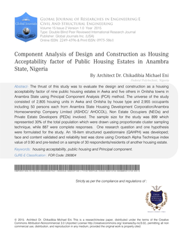 Component Analysis of Design and Construction As Housing Acceptability Factor of Public Housing Estates in Anambra State, Nigeria by Architect Dr
