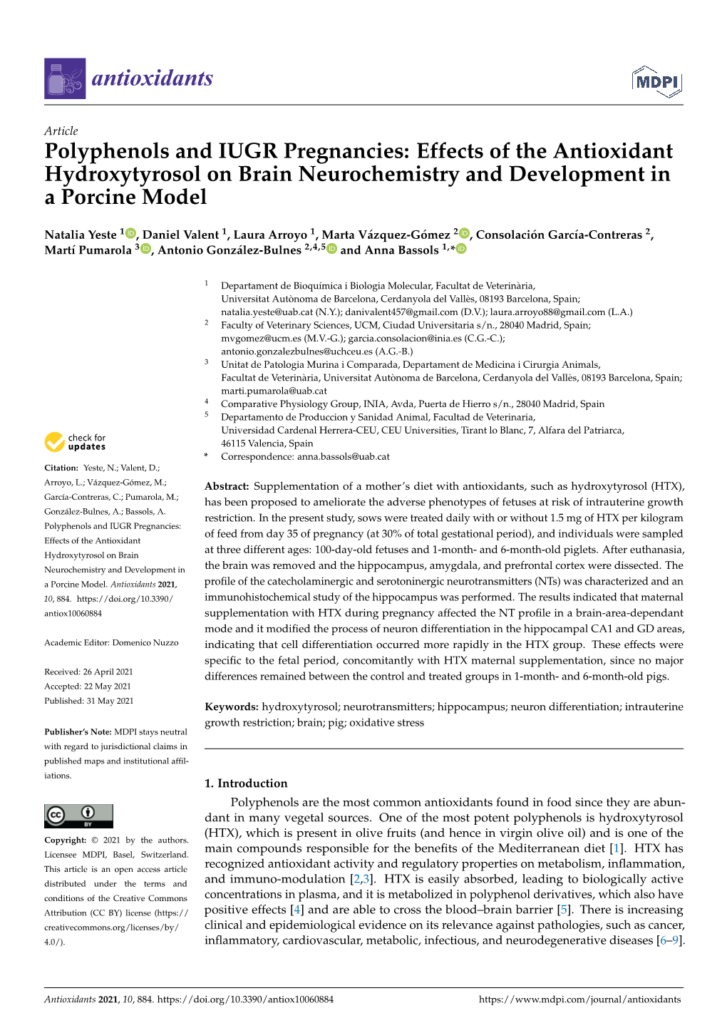 Polyphenols and IUGR Pregnancies: Effects of the Antioxidant Hydroxytyrosol on Brain Neurochemistry and Development in a Porcine Model