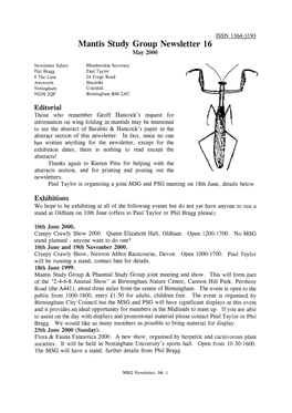 Mantis Study Group Newsletter 16 (May 2000)