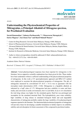 Understanding the Physicochemical Properties of Mitragynine, a Principal Alkaloid of Mitragyna Speciosa, for Preclinical Evaluation
