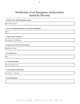 Notification of an Emergency Authorisation Issued by Slovenia