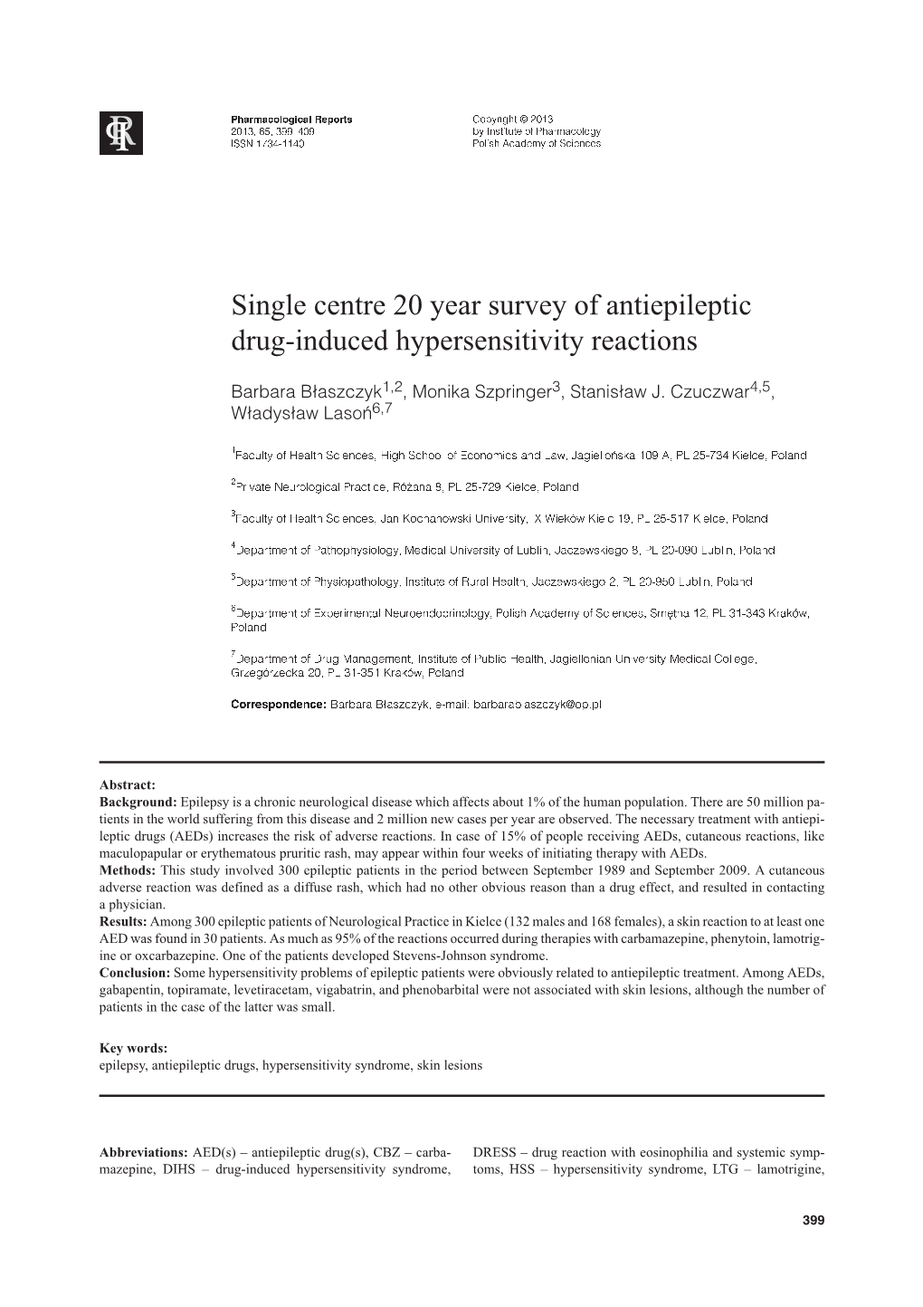 Single Centre 20 Year Survey of Antiepileptic Drug-Induced