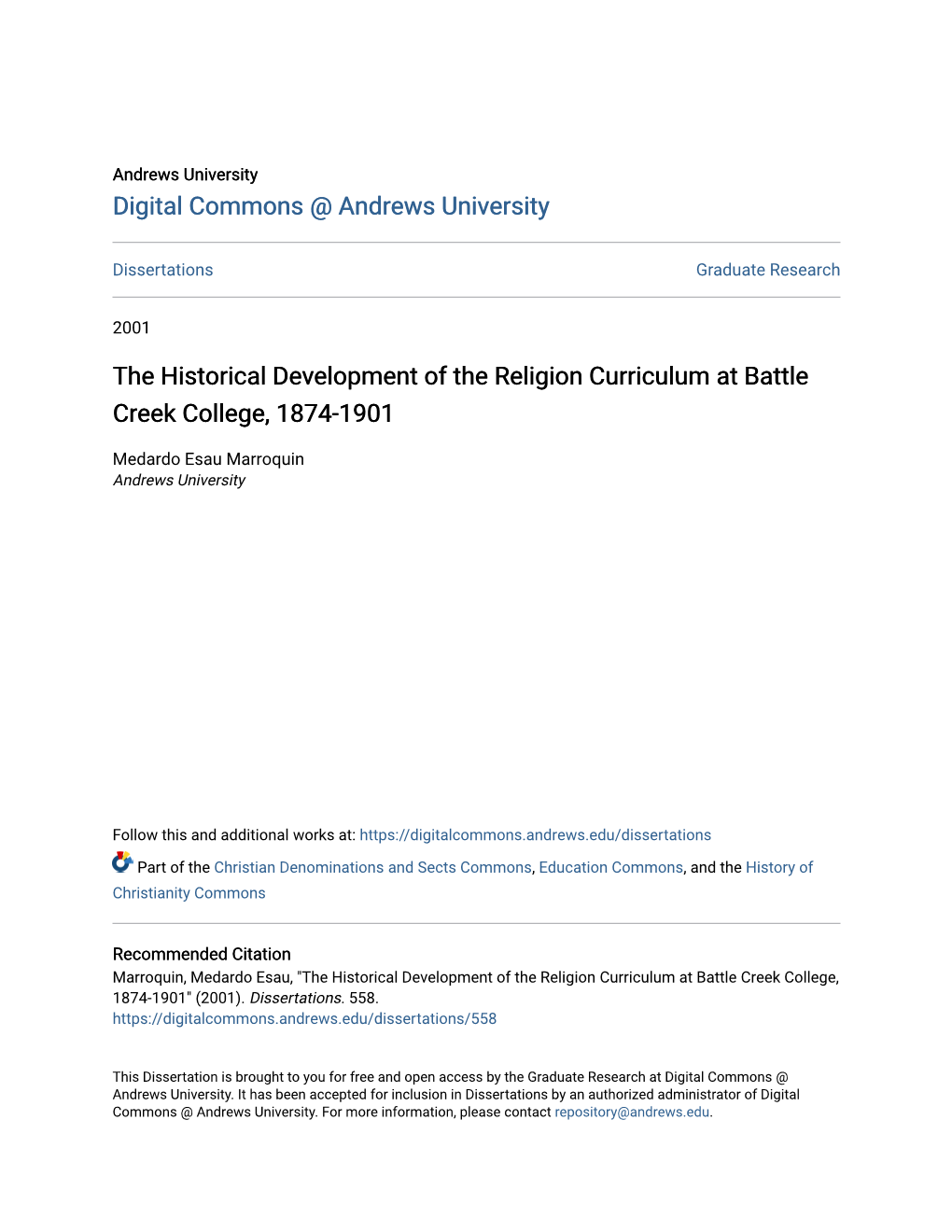 The Historical Development of the Religion Curriculum at Battle Creek College, 1874-1901