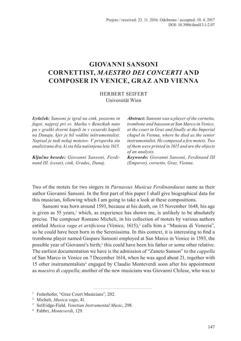 Giovanni Sansoni Cornettist, Maestro Dei Concerti and Composer in Venice, Graz and Vienna