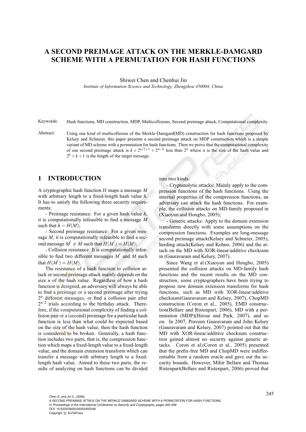 A Second Preimage Attack on the Merkle-Damgard Scheme with a Permutation for Hash Functions