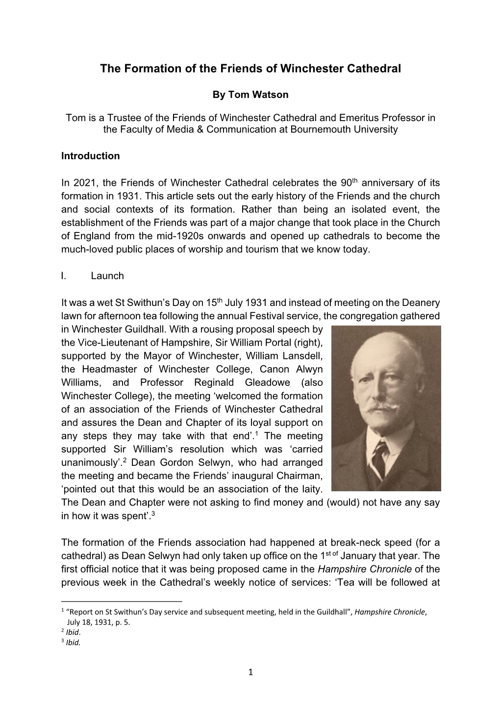 The Formation of the Friends of Winchester Cathedral (PDF)