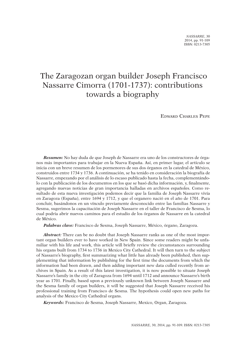 The Zaragozan Organ Builder Joseph Francisco Nassarre Cimorra (1701-1737): Contributions Towards a Biography