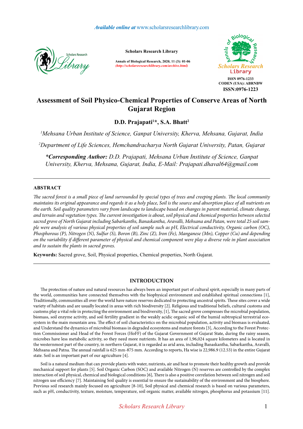 Assessment of Soil Physico-Chemical Properties of Conserve Areas of North Gujarat Region