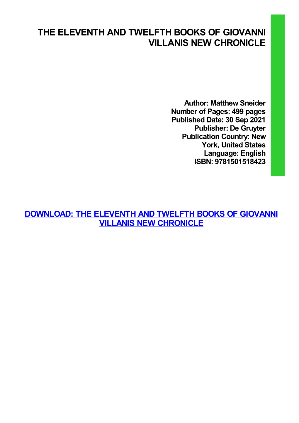 Read Book the Eleventh and Twelfth Books of Giovanni Villanis New