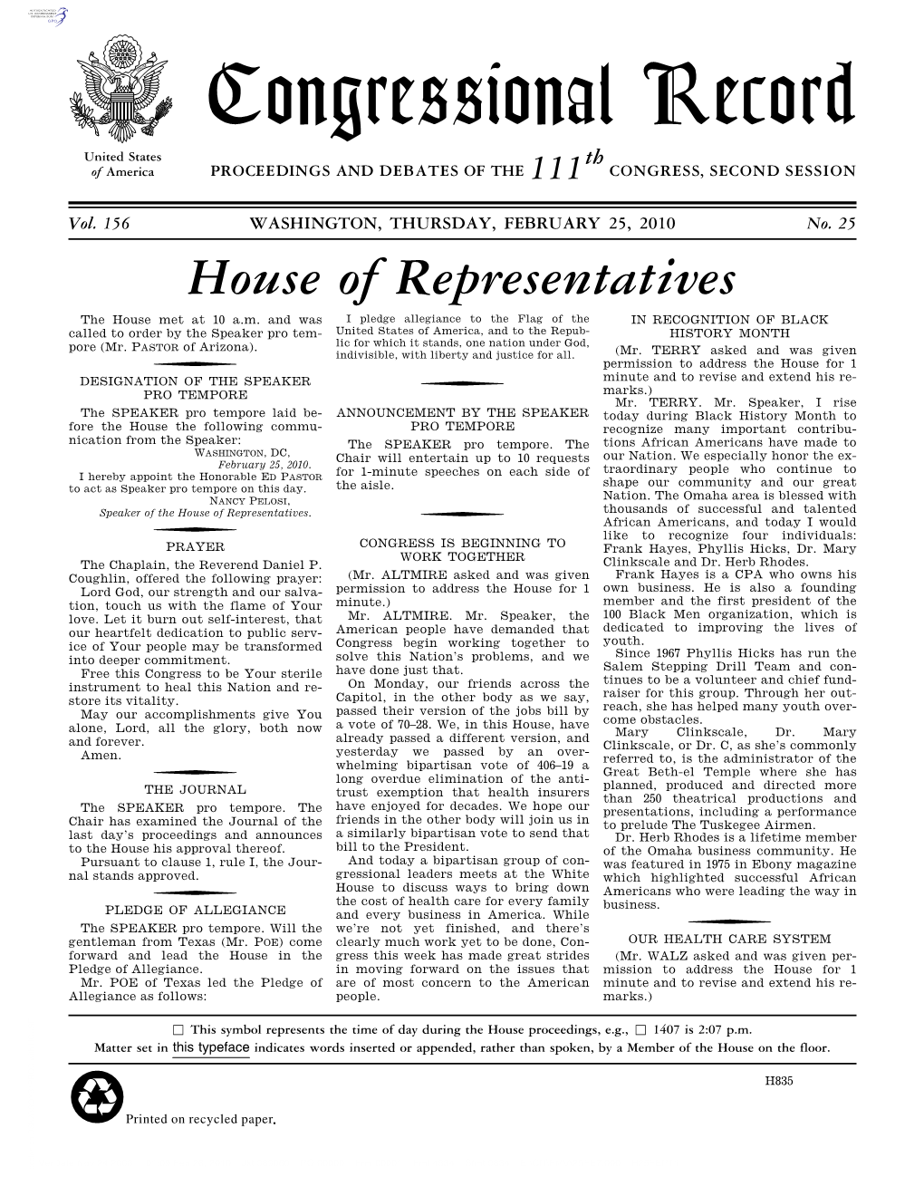 Congressional Record United States Th of America PROCEEDINGS and DEBATES of the 111 CONGRESS, SECOND SESSION