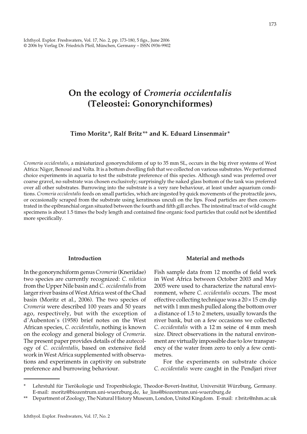 On the Ecology of Cromeria Occidentalis (Teleostei: Gonorynchiformes)