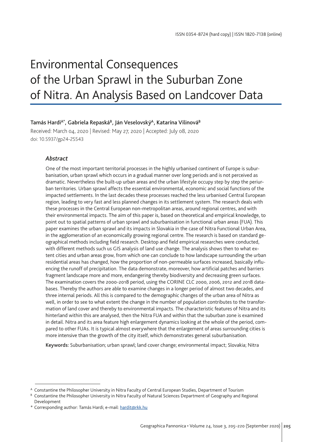 Environmental Consequences of the Urban Sprawl in the Suburban Zone of Nitra