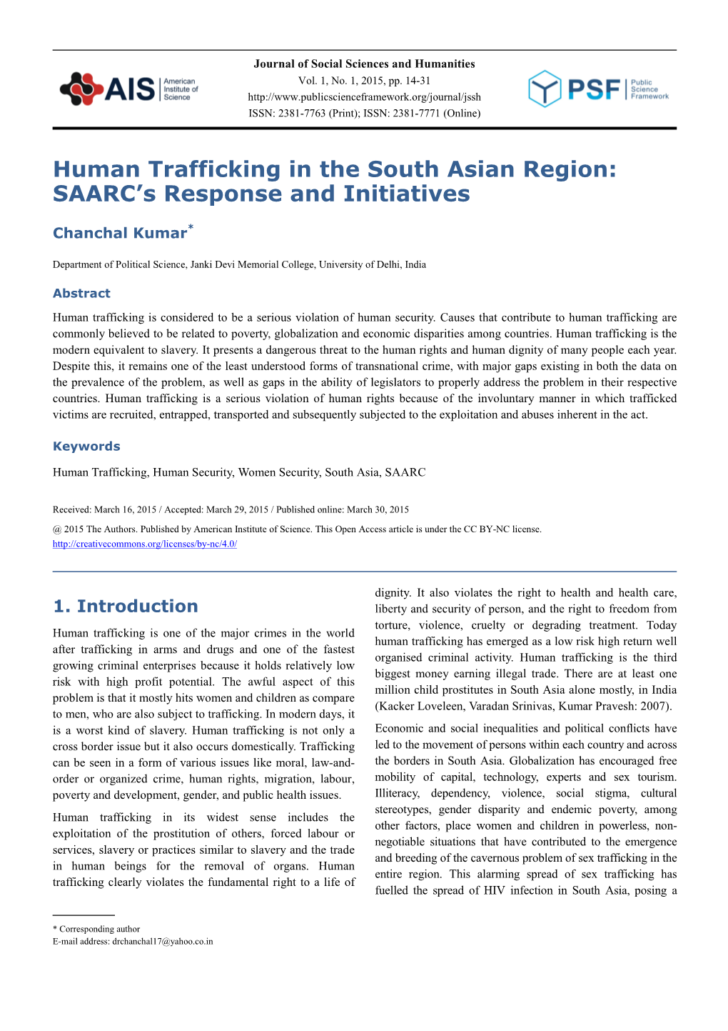 Human Trafficking in the South Asian Region: SAARC's Response and Initiatives