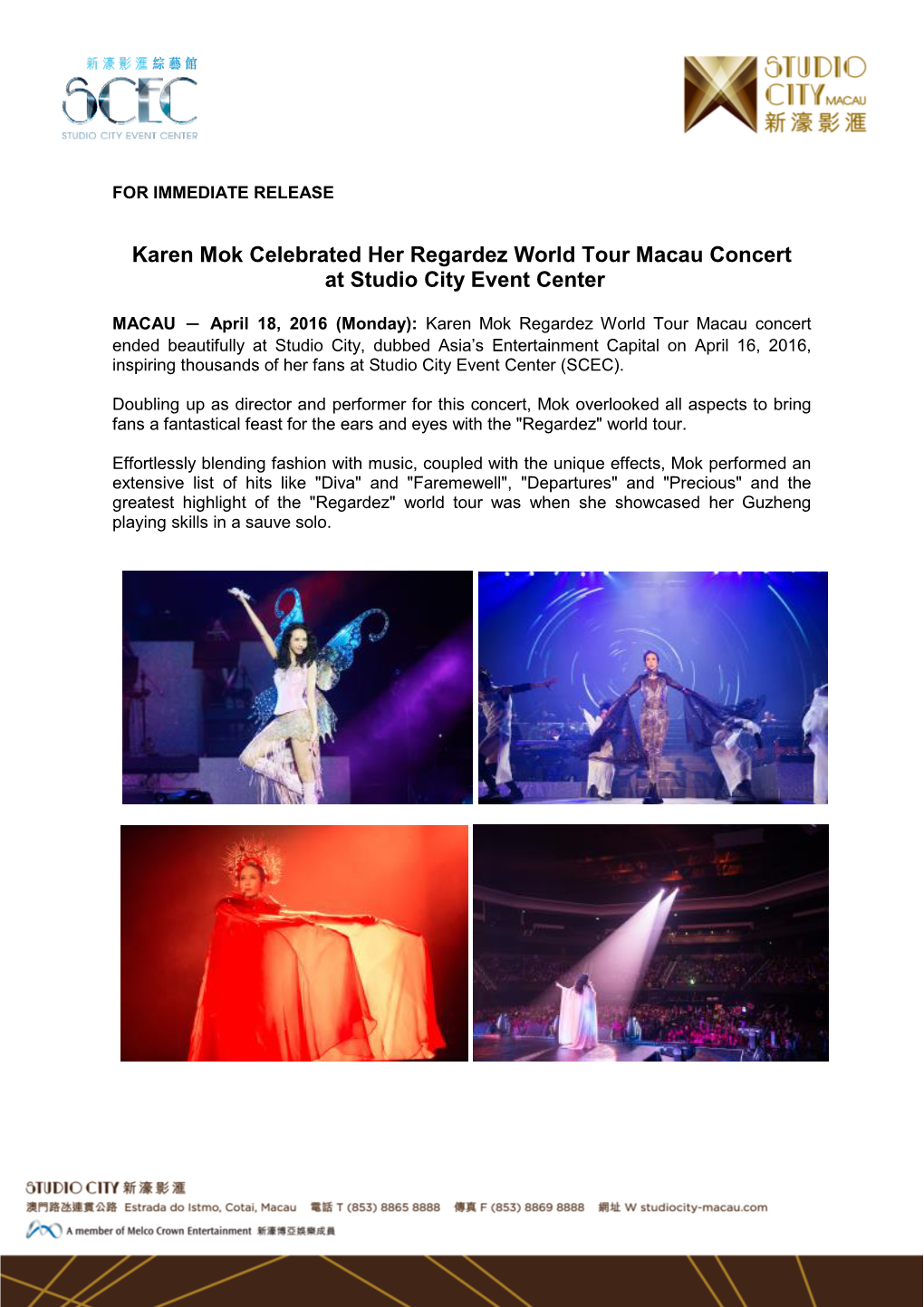 Karen Mok Celebrated Her Regardez World Tour Macau Concert at Studio City Event Center