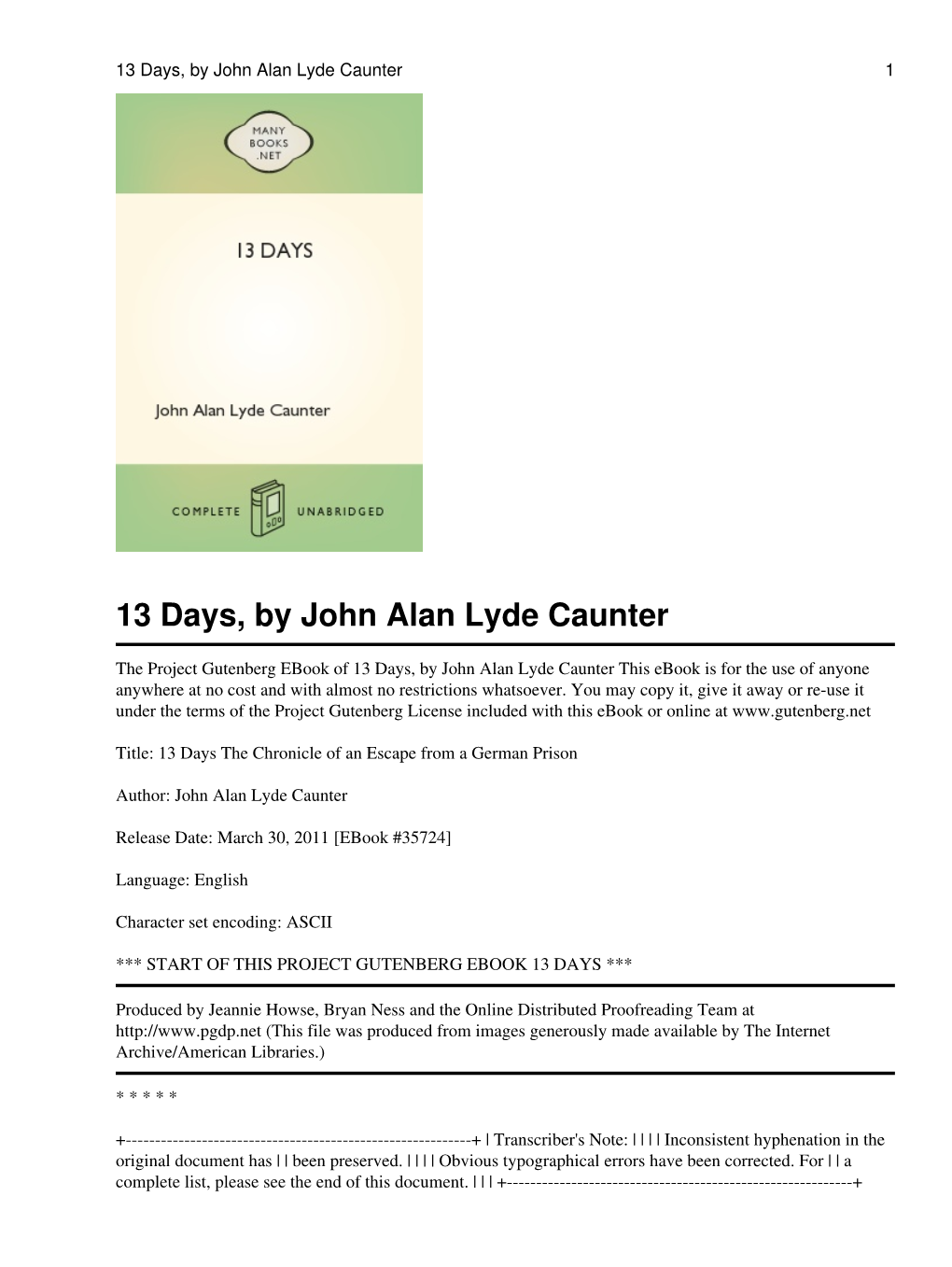 13 Days, by John Alan Lyde Caunter 1