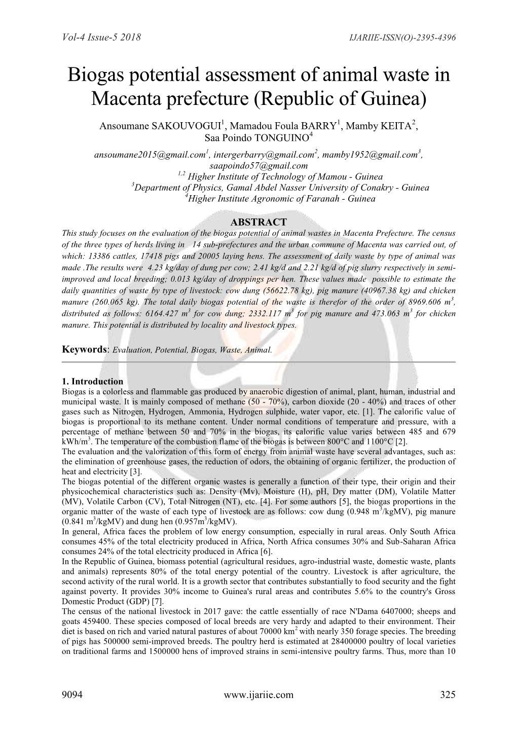 Biogas Potential Assessment of Animal Waste in Macenta Prefecture (Republic of Guinea)