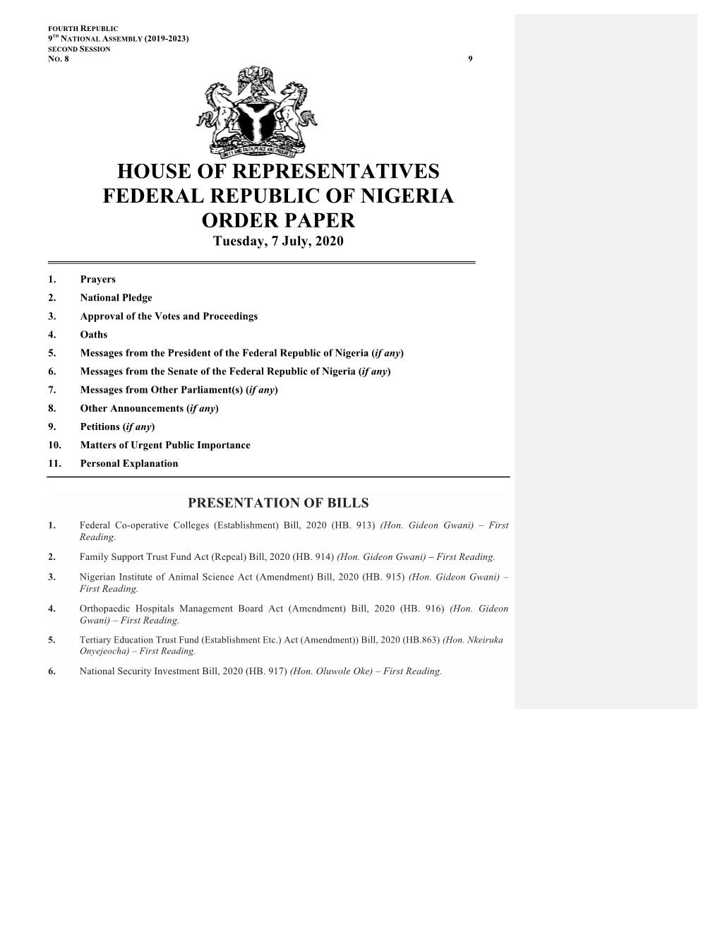 House of Reps Order Paper 7 July , 2020