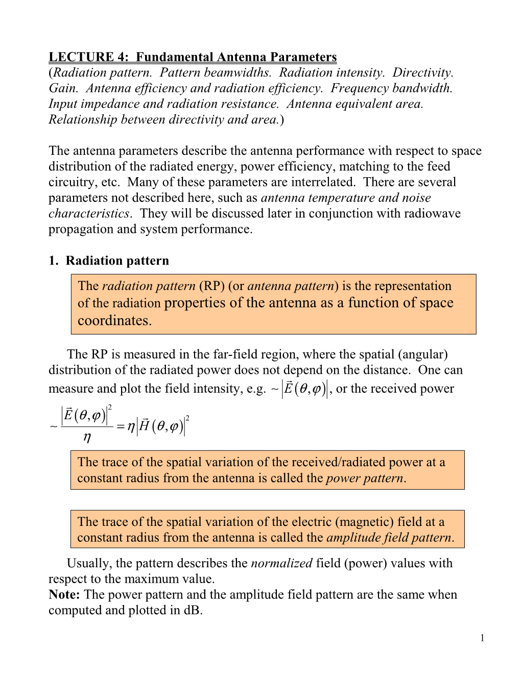 Of the Radiation Properties of the Antenna As a Function of Space Coordinates