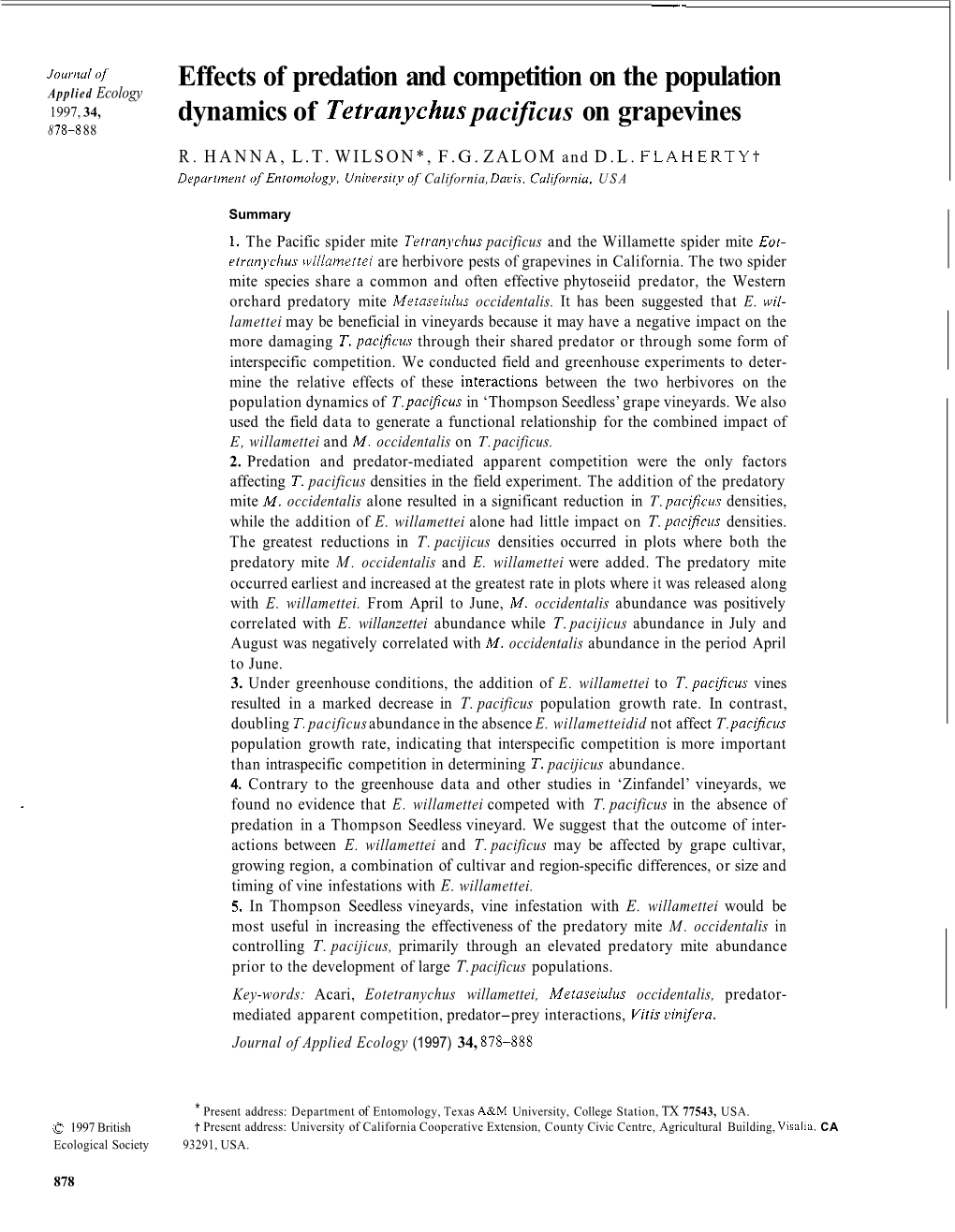 Effects of Predation and Competition on the Population Applied Ecology 1997, 34, Dynamics of Tetvanychus Pacificus on Grapevines 8 78-8 8 8 R