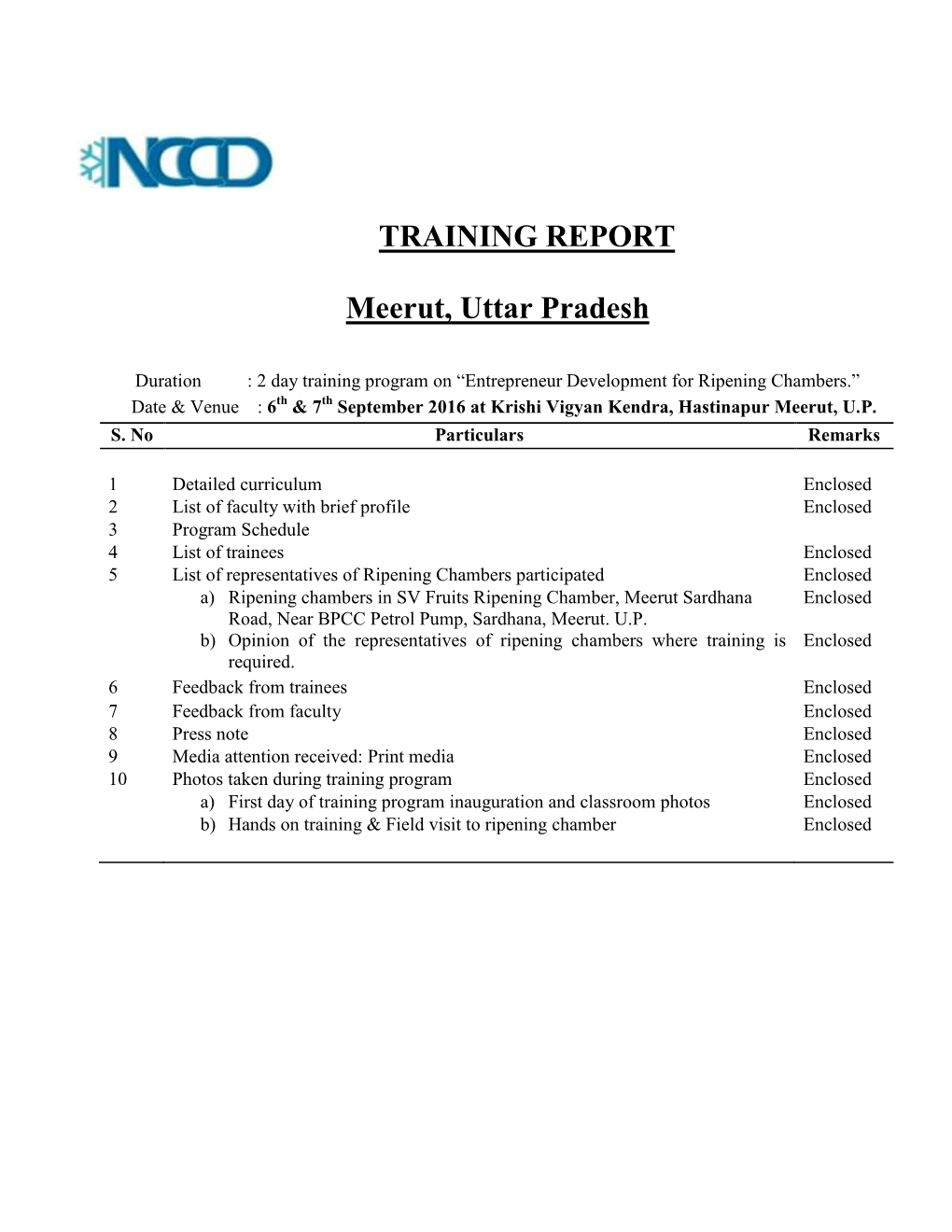 TRAINING REPORT Meerut, Uttar Pradesh